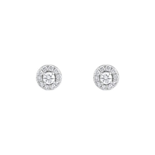 Radiant Red Halo Studs Gold Earrings with Diamonds - front view